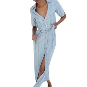 ZARA Womens Light Wash Denim Short Sleeve Shirt Dress Midi Belted Collar XS NWT